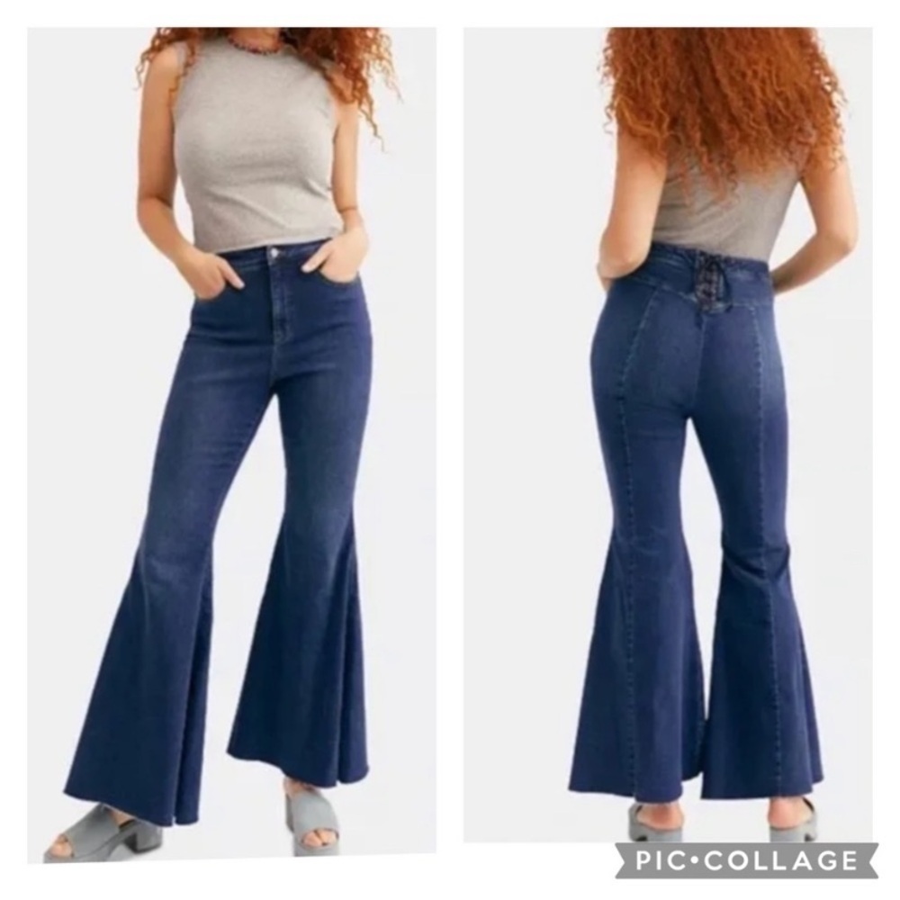 Free People CRVY Ma Cherie lace up Dark Blue High-Waist Flare Jeans